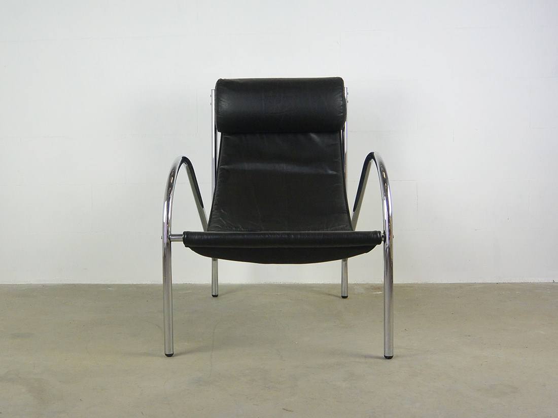 70s Fauteuil Vintage zwart leer chroom