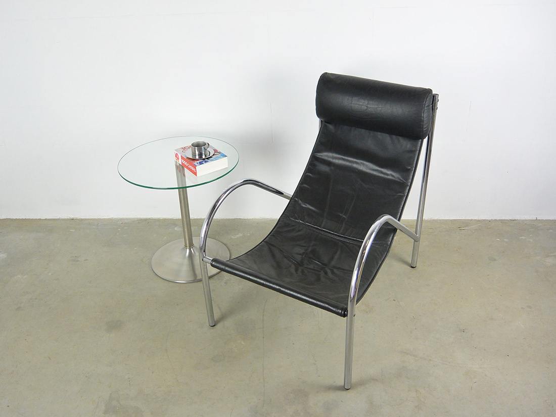 70s Fauteuil Vintage zwart leer chroom