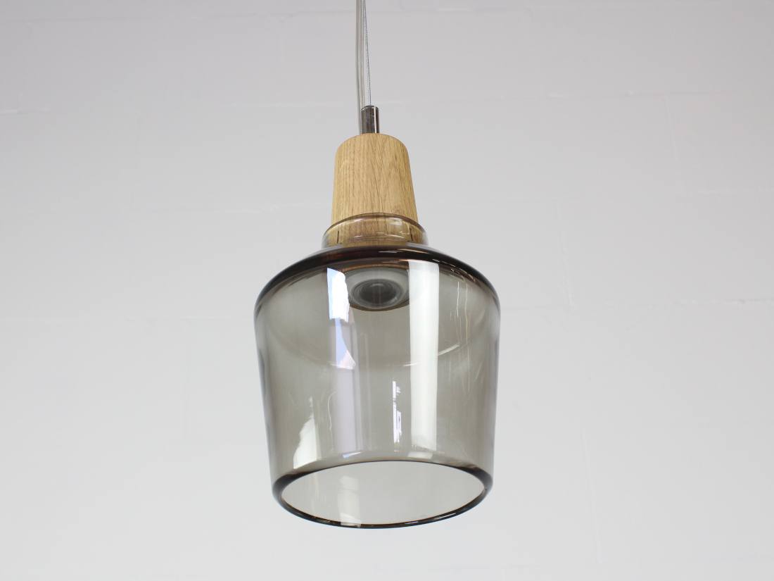 Hanglamp rookglas houten fitting Ideo Design 3